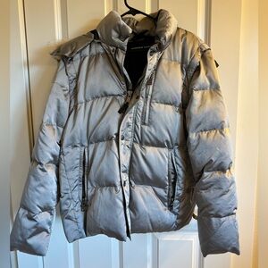Men’s Andrew Marc Metallic Gray Puffer Jacket/Vest with Removable Hood.